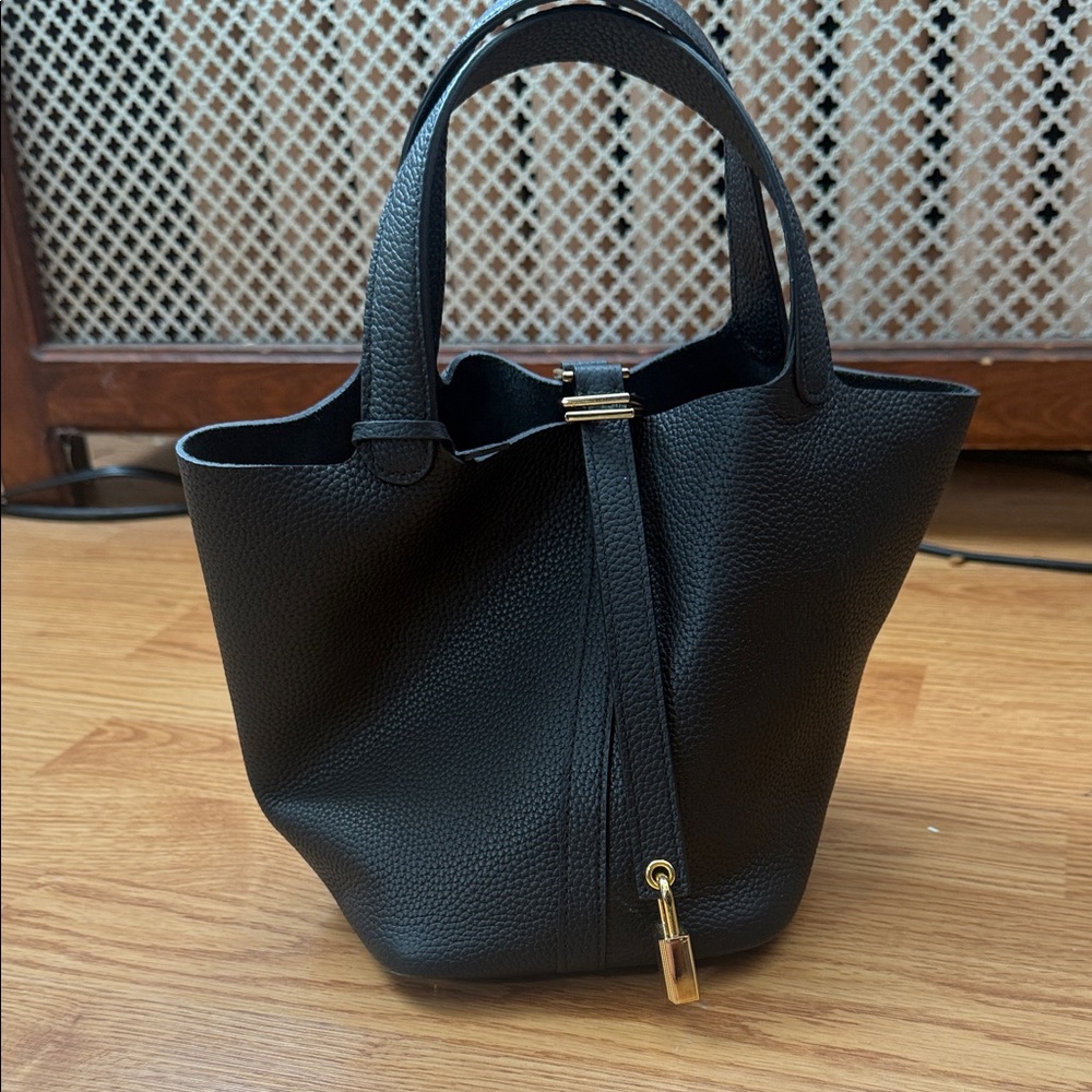 Black Leather Bucket Bag with Gold Hardware